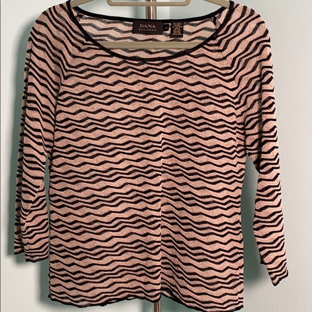 Dana Buchman Womens Large Knit Top Quiet Luxury Tan Black Stripe‎
